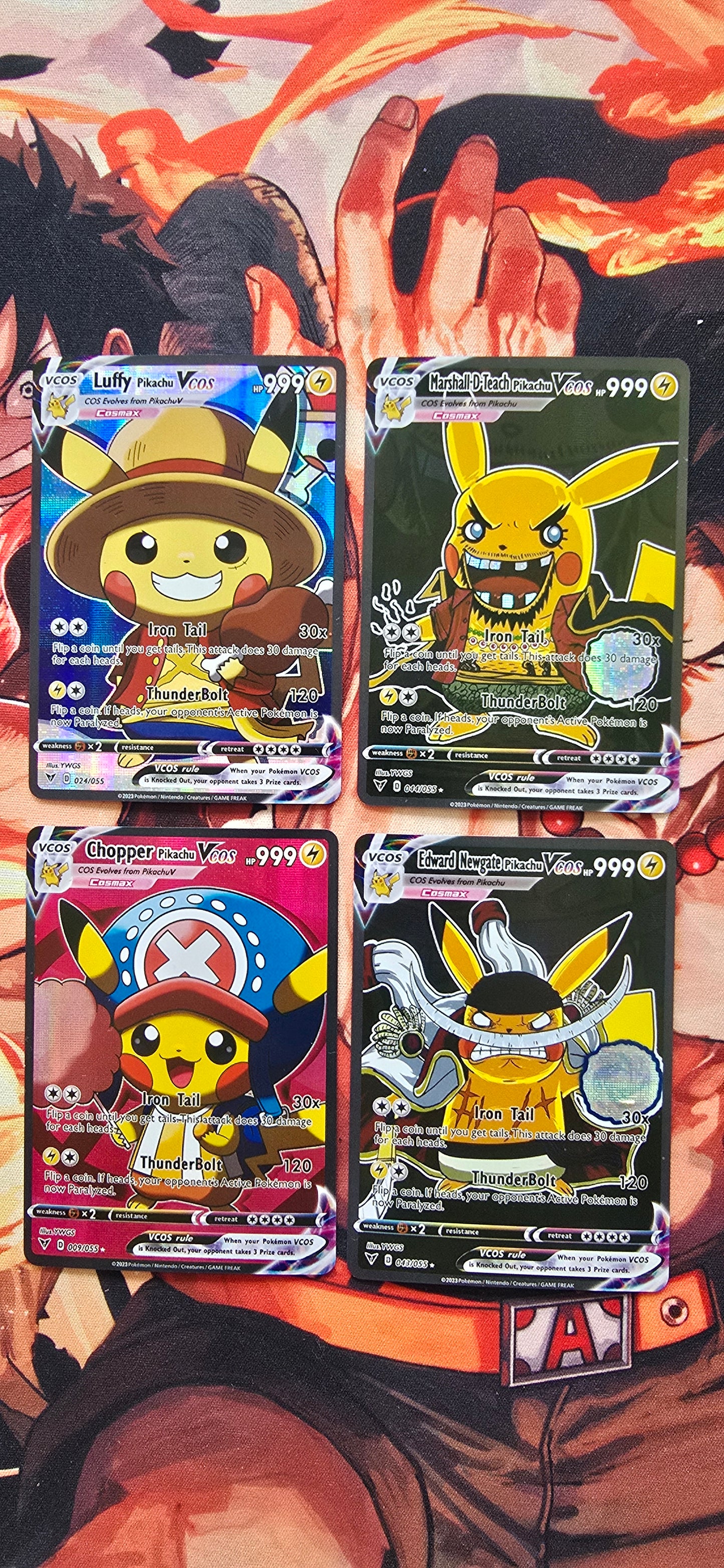 4 Card Bundle: Pikachu X Luffy, Chopper, Whitebeard & Blackbeard Custom Made Holographic Pokemon Card