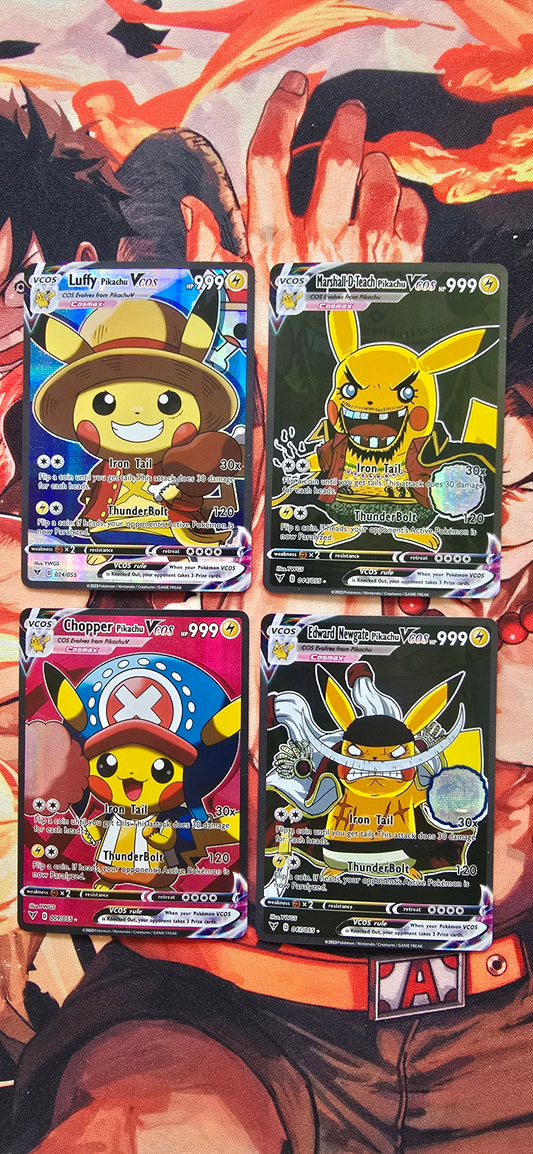 4 Card Bundle: Pikachu X Luffy, Chopper, Whitebeard & Blackbeard Custom Made Holographic Pokemon Card