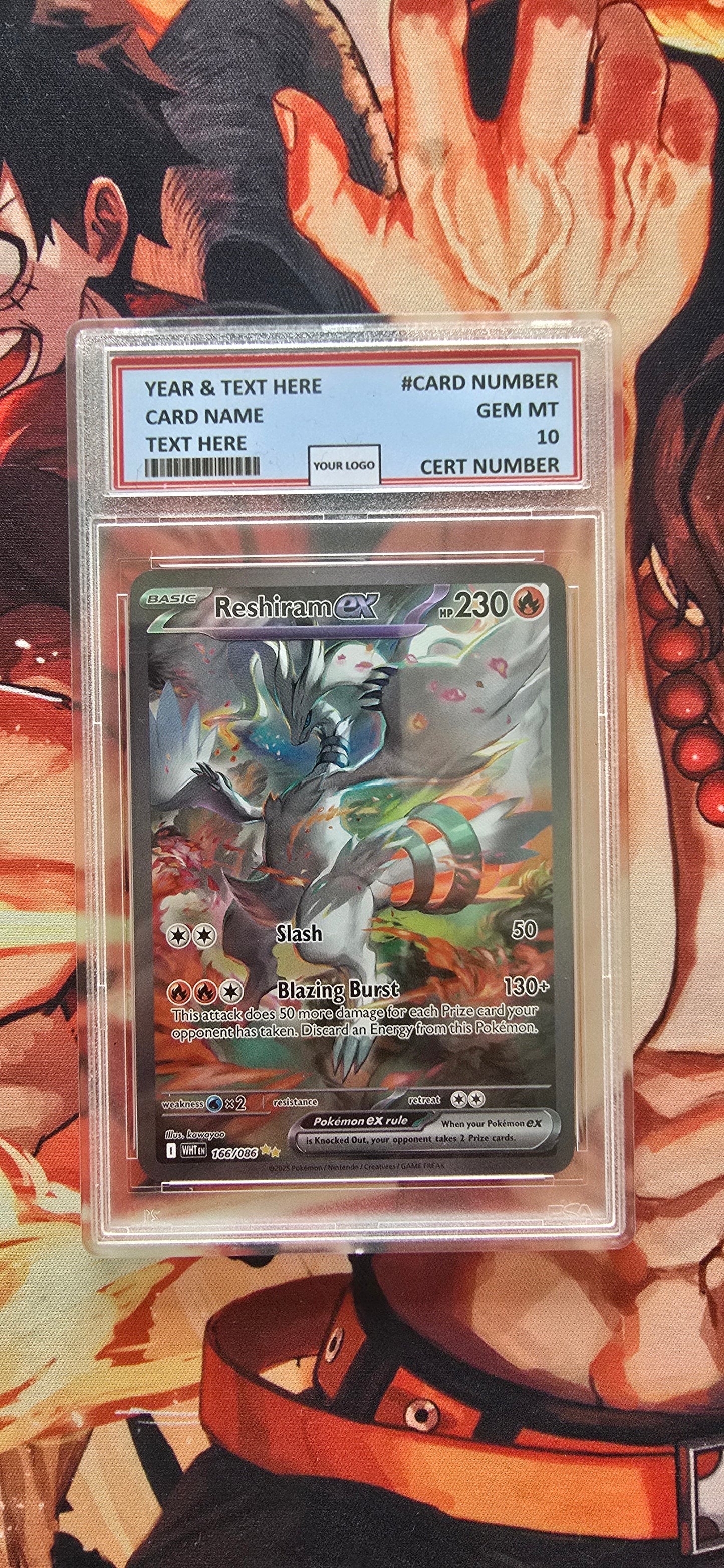 Graded PSA Style Reshiram #166 white Flare Pokemon Card High Quality Textured Card Proxy Slab