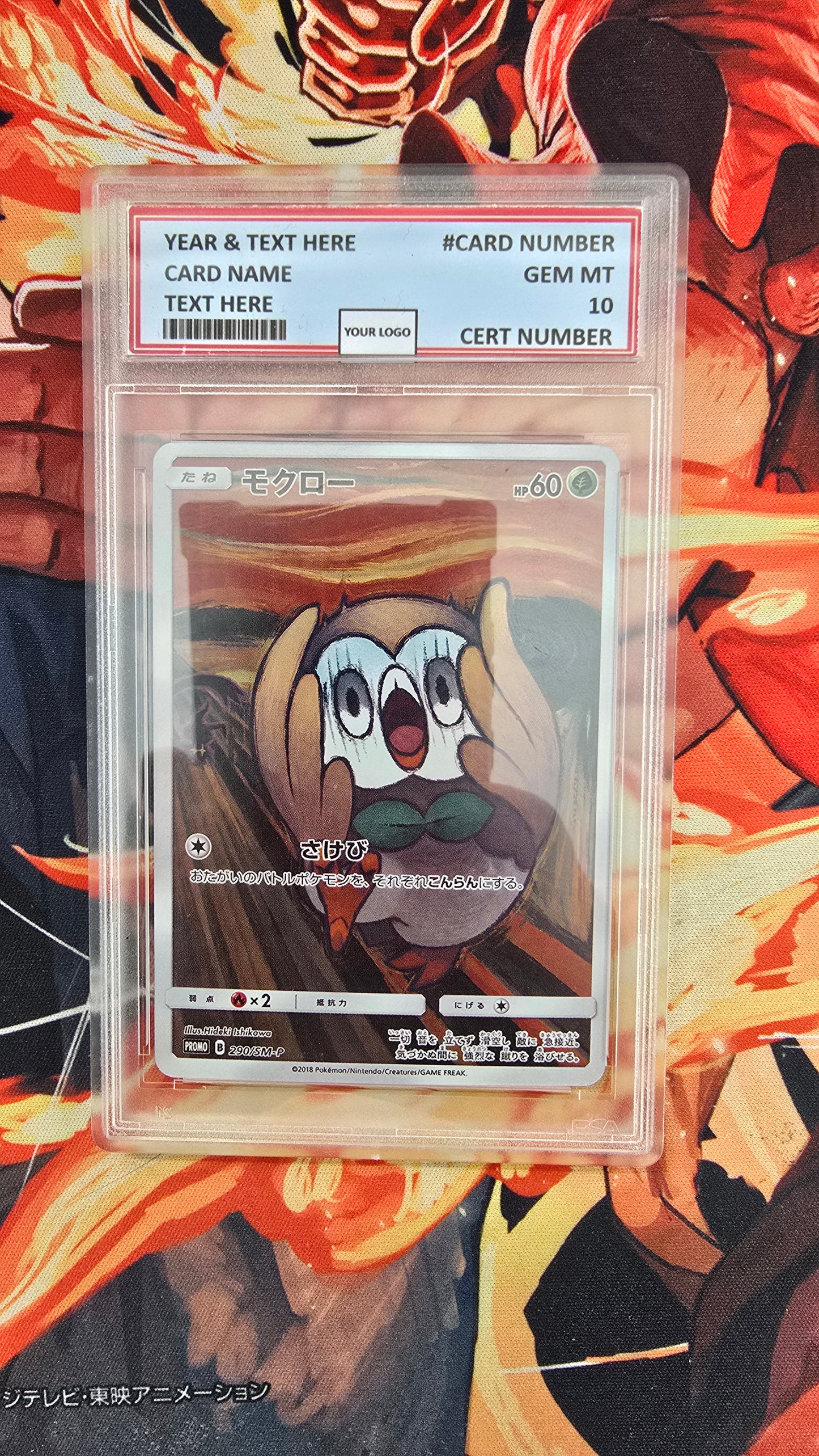 Graded PSA Style Rowlet "Munch the Scream" Pokemon Japan Promo 290/SM-P TCG Slab Proxy - NON HOLO