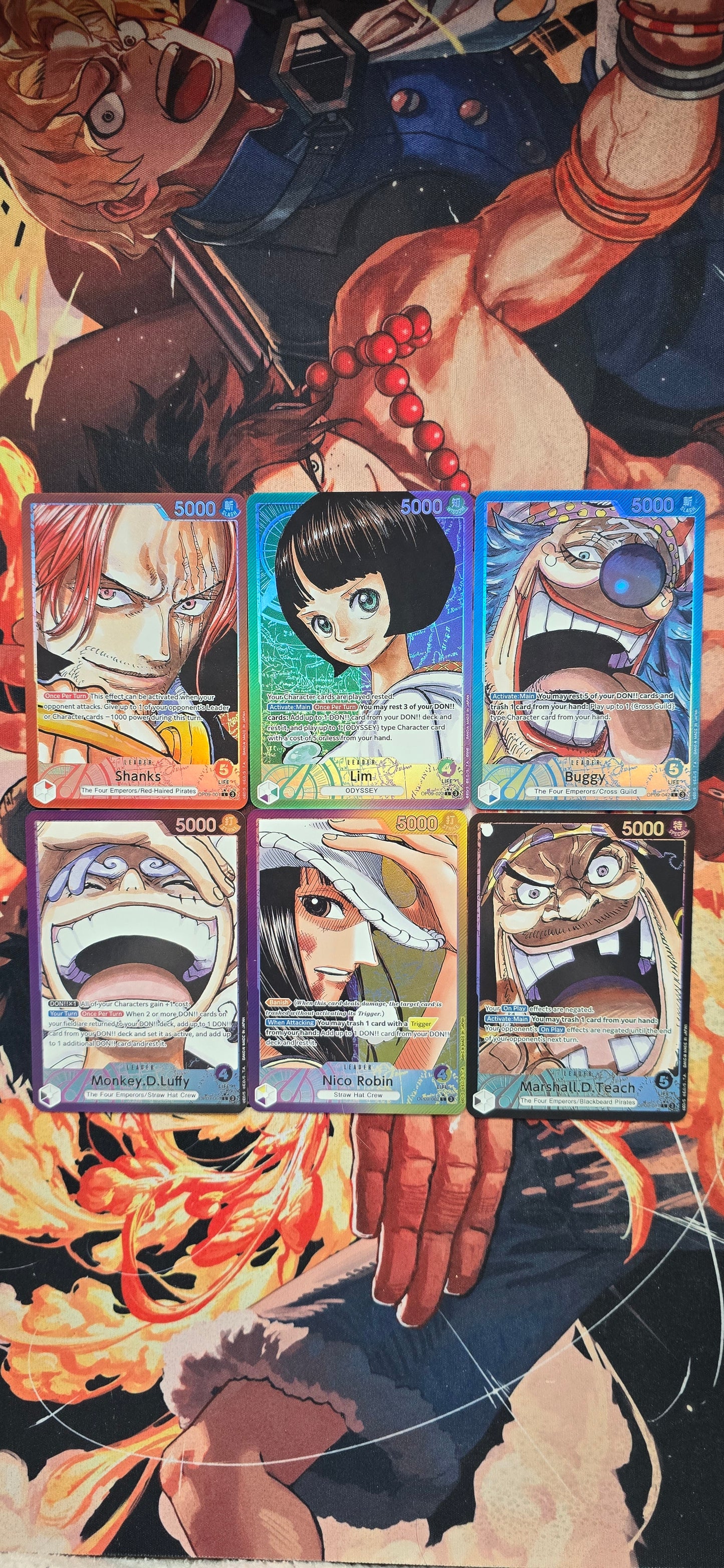 6 Card Bundle OP09 Leader Cards Shanks, Lim, Buggy, Monkey D Luffy, Nico Robin & Marshall D Teach One Piece TCG English Textured Alt Art Proxy