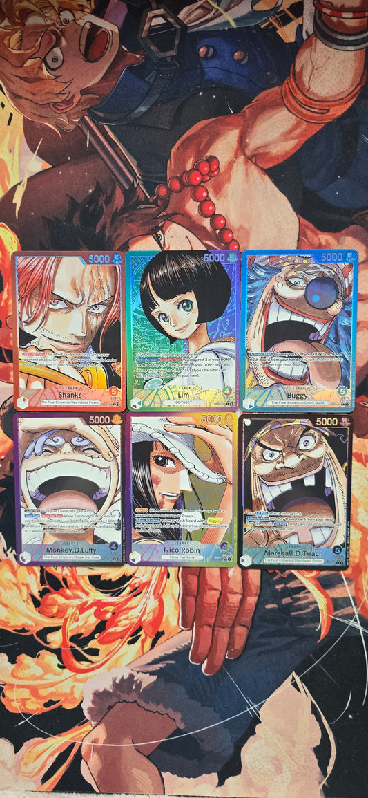 6 Card Bundle OP09 Leader Cards Shanks, Lim, Buggy, Monkey D Luffy, Nico Robin & Marshall D Teach One Piece TCG English Textured Alt Art Proxy