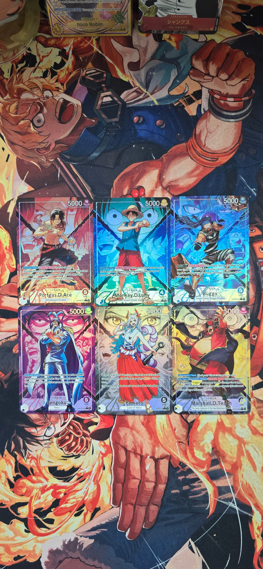 6 Card Bundle OP16 Leader Cards Portgas D Ace, Monkey D Luffy,  Buggy, Sengoku, Yamato, Marshall D Teach Premium Textured Alt Art One Piece TCG English Proxy Cards