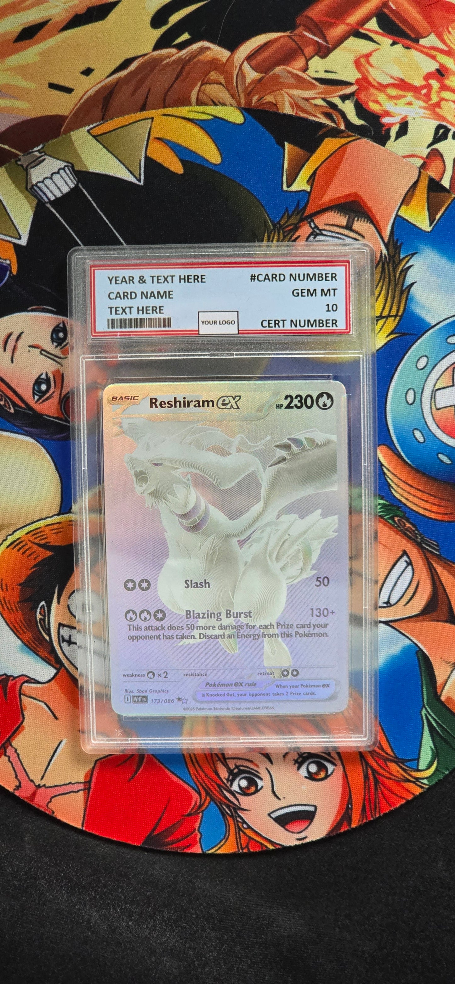 Graded PSA Style Reshiram 173 White Flare Pokemon Card English Textured Custom Made Card Proxy Slab