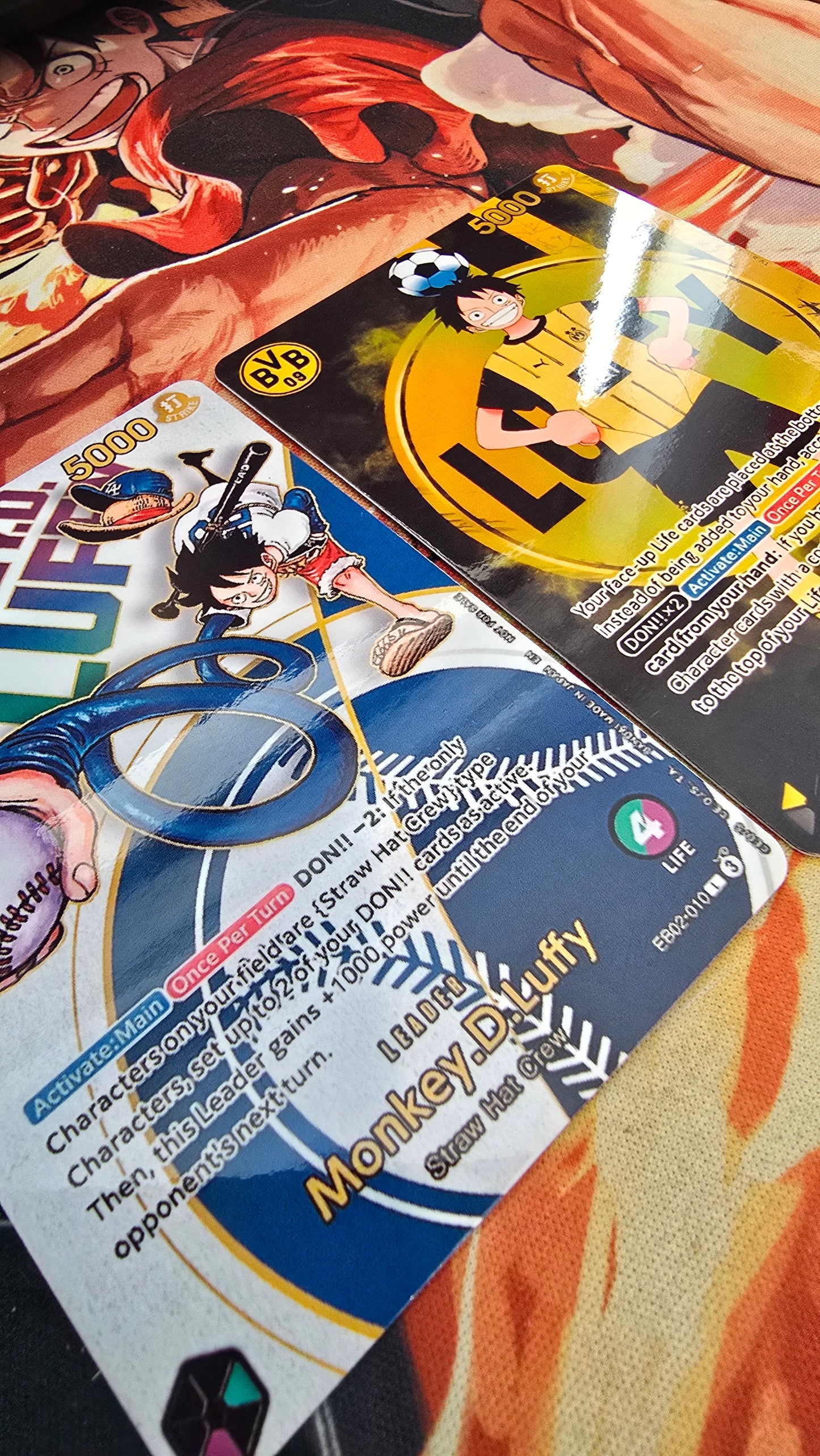 2 Card Bundle: LA Dodgers & BVB Borussia Dortmund X One Piece Monkey D Luffy EB02 ST13 Special Promo Leader Cards OP TCG Card Proxy