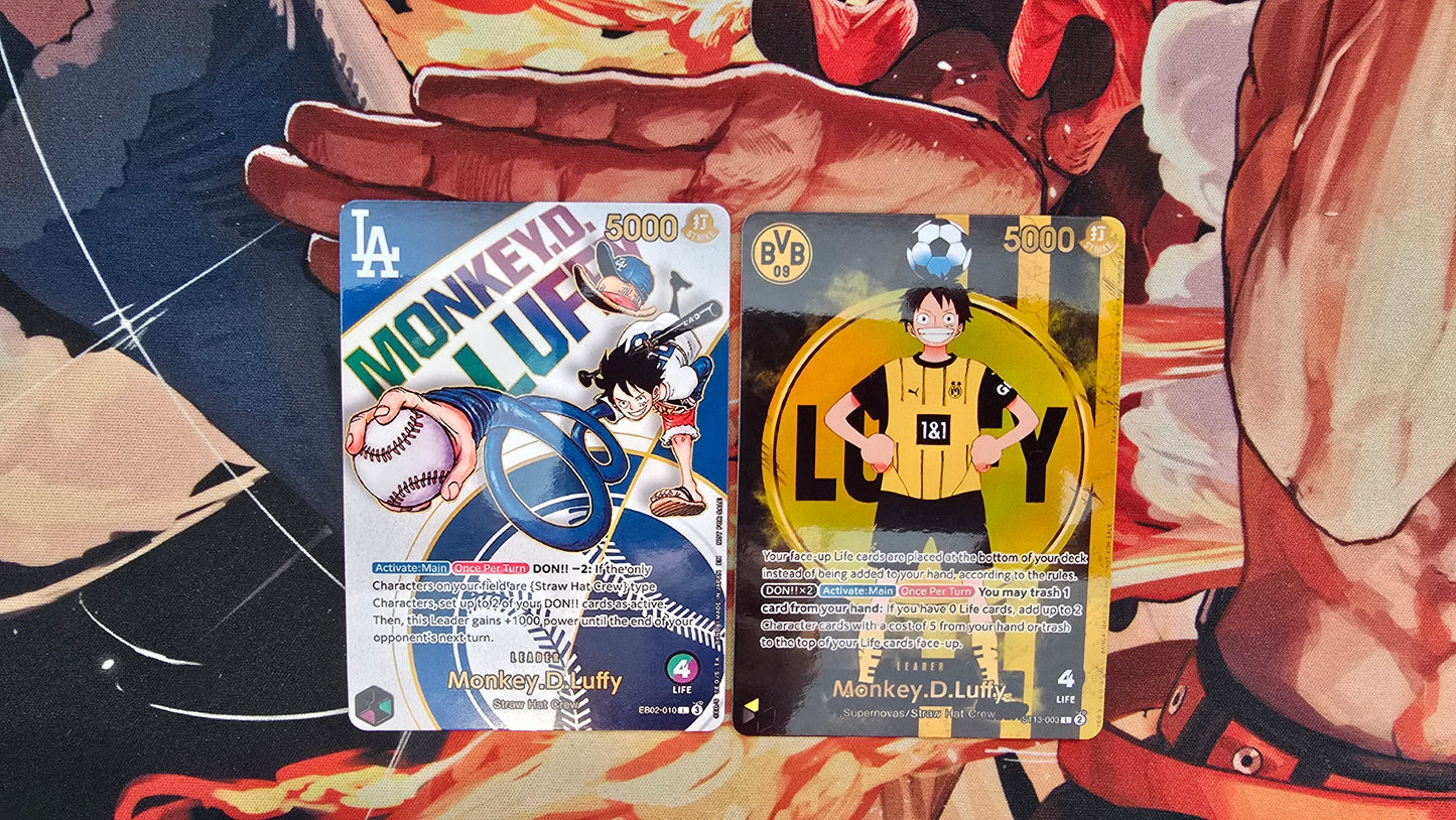 2 Card Bundle: LA Dodgers & BVB Borussia Dortmund X One Piece Monkey D Luffy EB02 ST13 Special Promo Leader Cards OP TCG Card Proxy
