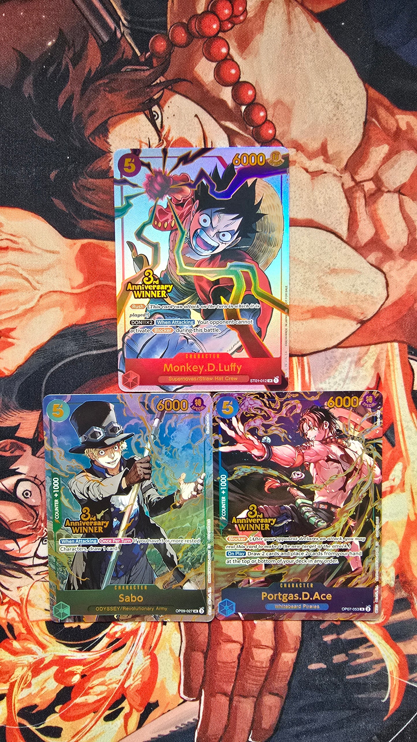 3 Card Bundle - 3rd Anniversary Winner Monkey D Luffy, Sabo & Portgas D Ace Store Championship One Piece Card Game Textured Proxy