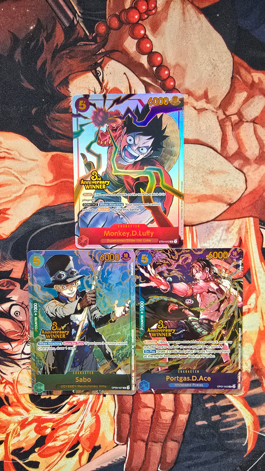 3 Card Bundle - 3rd Anniversary Winner Monkey D Luffy, Sabo & Portgas D Ace Store Championship One Piece Card Game Textured Proxy