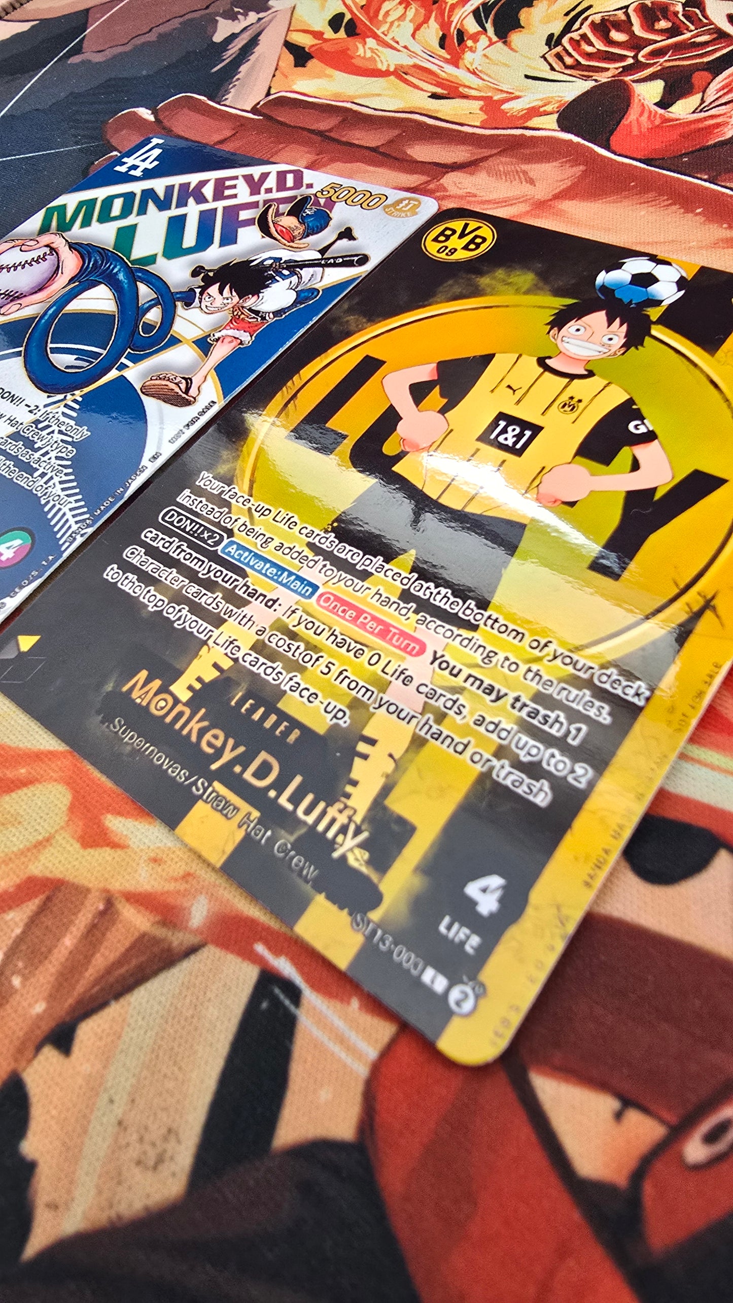 2 Card Bundle: LA Dodgers & BVB Borussia Dortmund X One Piece Monkey D Luffy EB02 ST13 Special Promo Leader Cards OP TCG Card Proxy