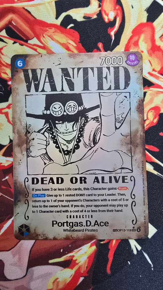 OP13 Portgas D Ace Wanted SP Alt Art Textured Holo One Piece TCG Proxy Card