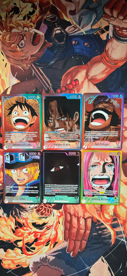 6 Card Bundle Leader OP13 Imu, Gol D Roger, Jewerly Bonney, Monkey D Luffy, Sabo, Portgas D Ace Textured Holo Alt Art One Piece TCG English Proxy Cards
