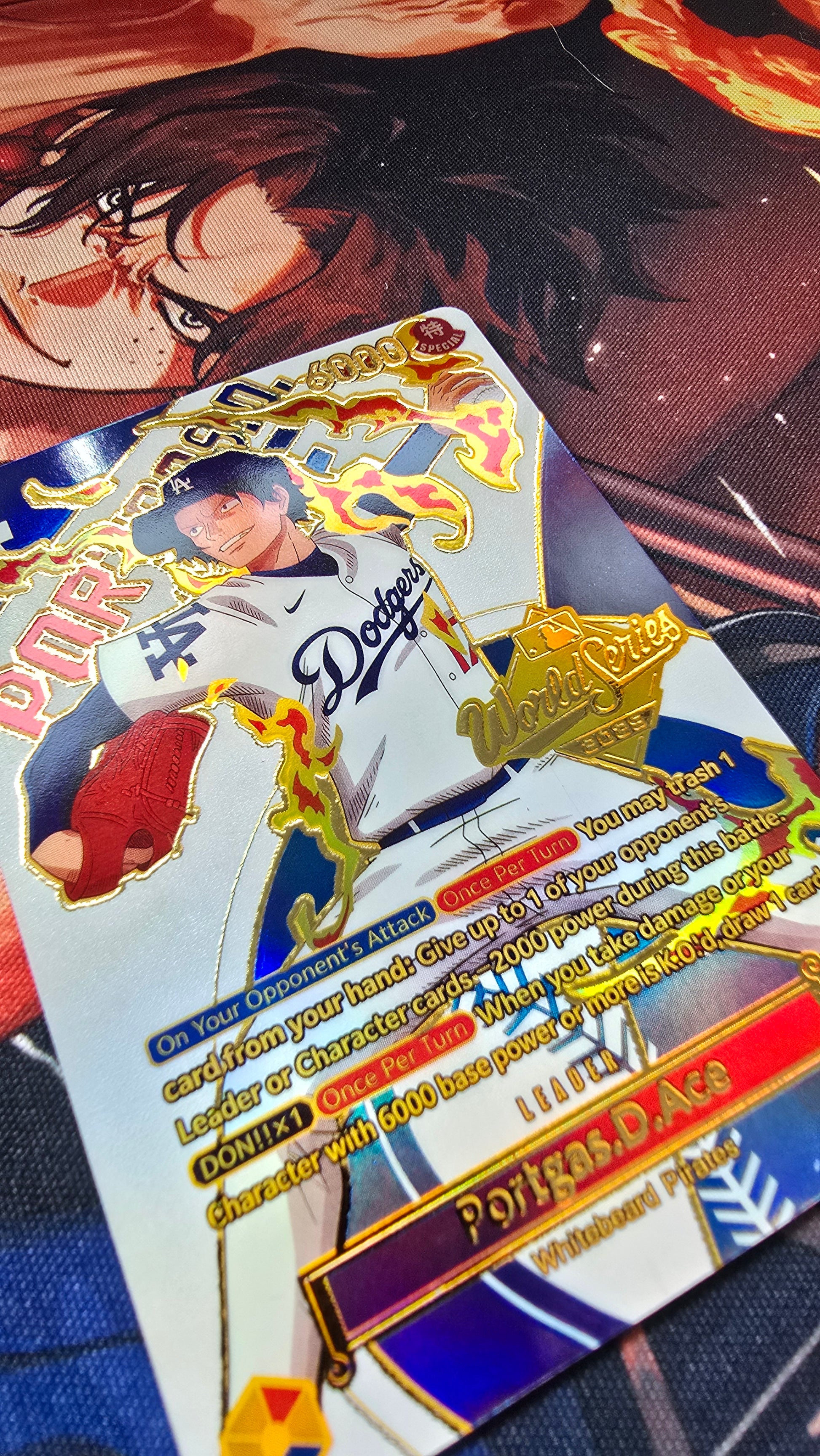 one piece dodgers game card OP13 LA Dodgers X One Piece Portgas D Ace Special World Series 2025 Pr – OP Proxies TCG